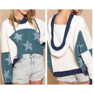 POL Anthropologie Oversized Knit Sweater Star Hoodie Sz L Neutral Boho Patchwork